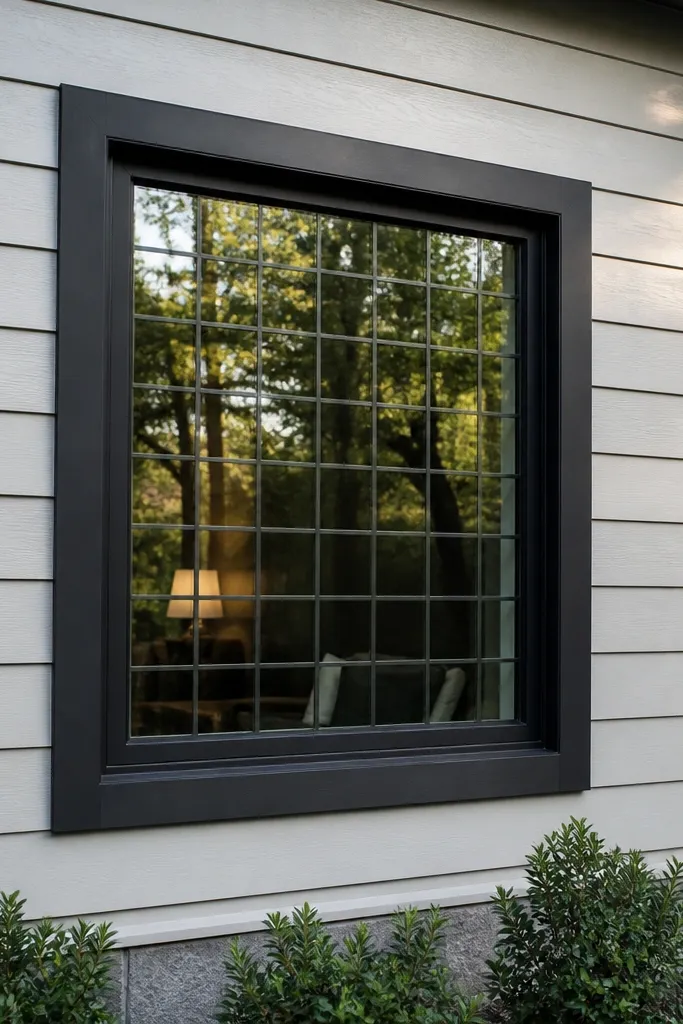 Charcoal window grill with checker-like pattern and thick outer border