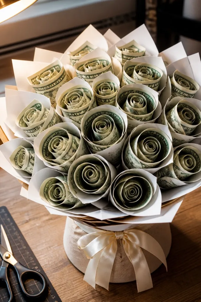 Money bills folded into rose petals around a wrapped handle