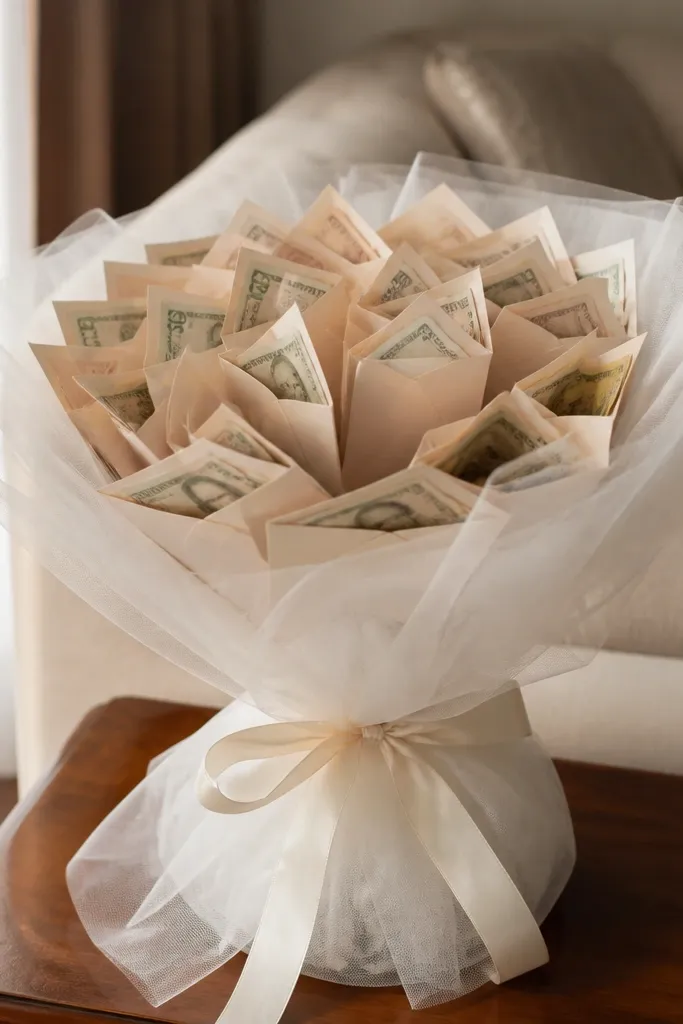 Small folded envelopes arranged like flower petals on a bouquet