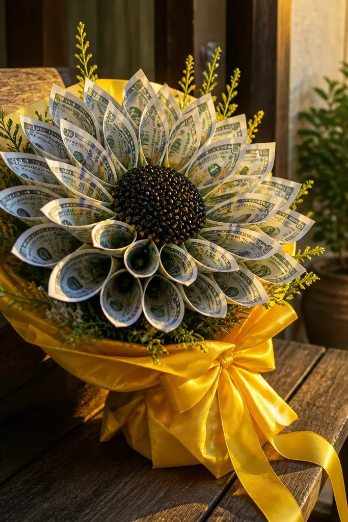 Sunflower-style bouquet with yellow ribbon stems and a dark center