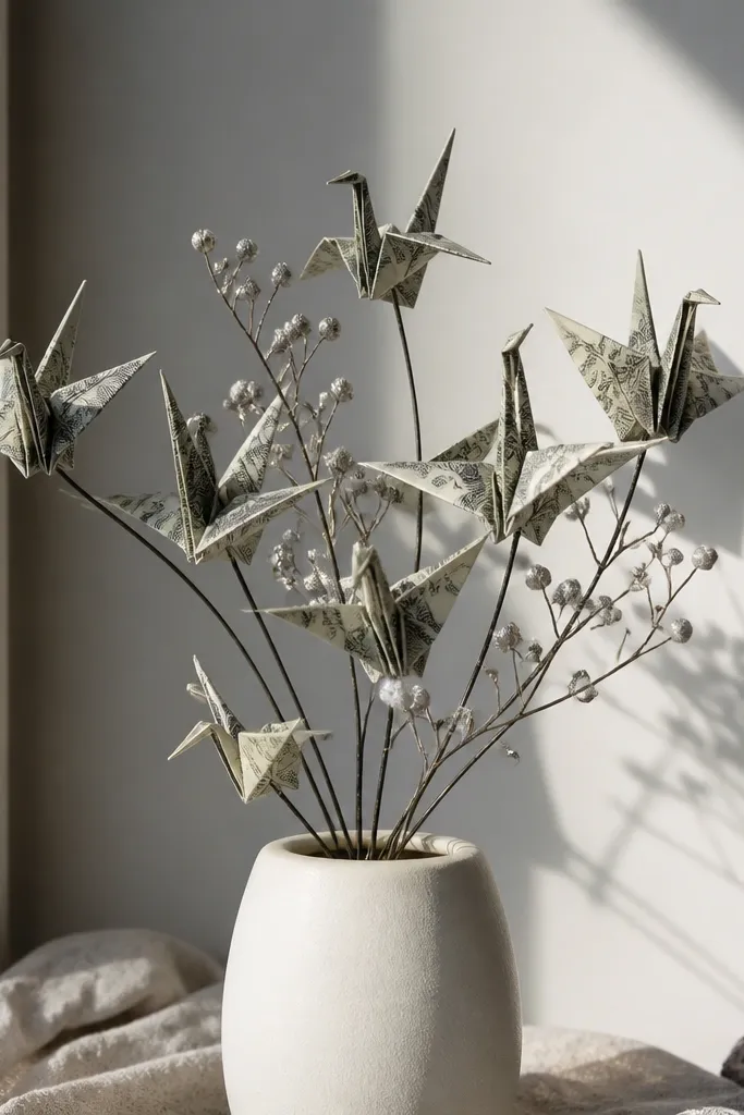 Money cranes attached to thin wire stems in a bouquet