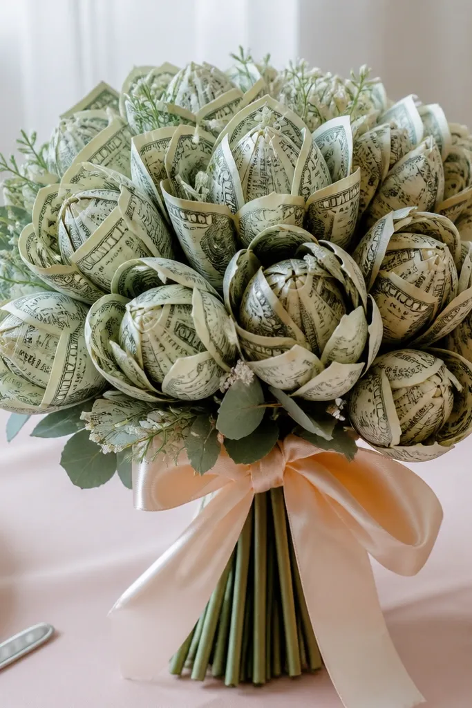 Rolled money bills arranged like peony petals with blush ribbon