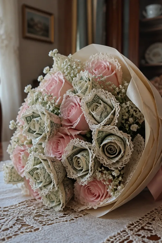 Money petals shaped like roses with lace trim on the edges