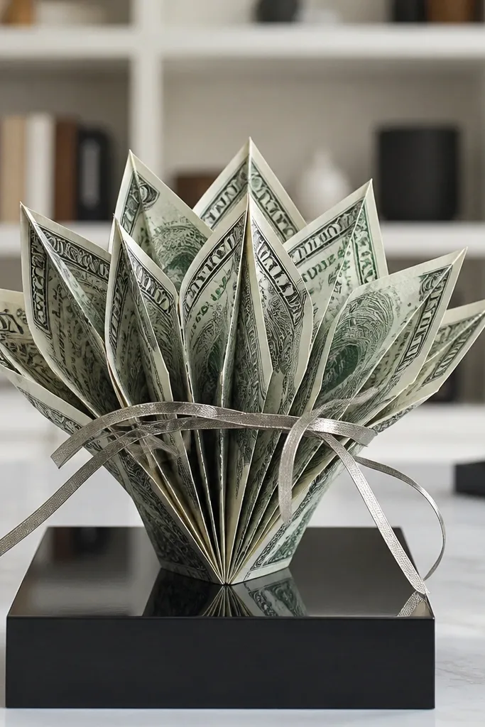 Geometric bouquet made from money folded into triangles