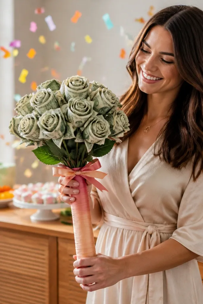 Money flower heads with stems wrapped in ombre ribbon
