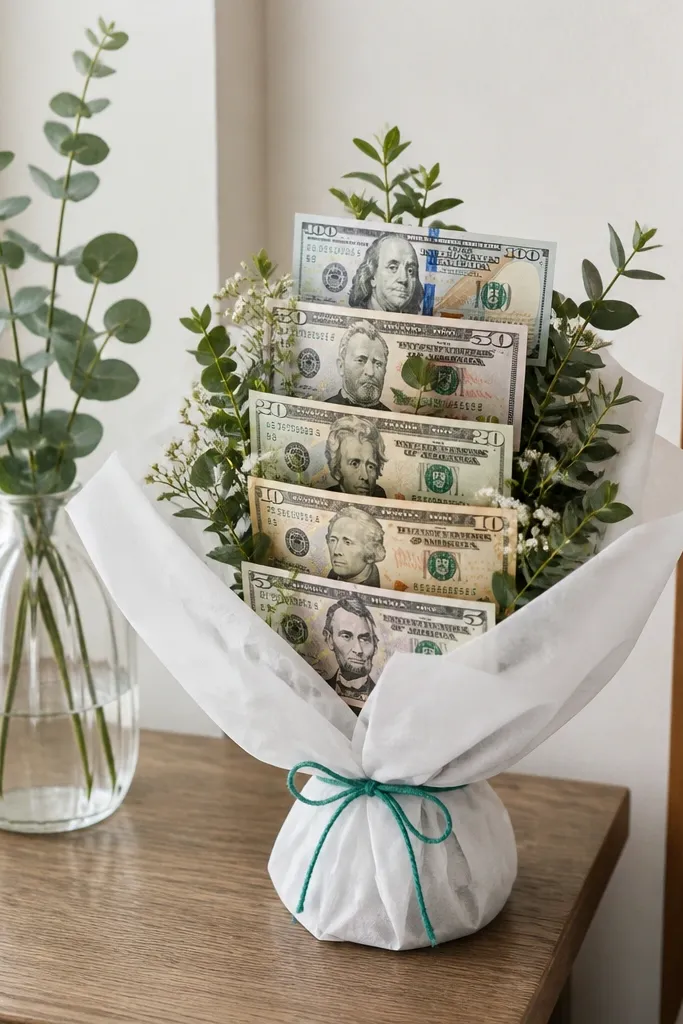 Small bouquet with layered money pockets stacked like petals