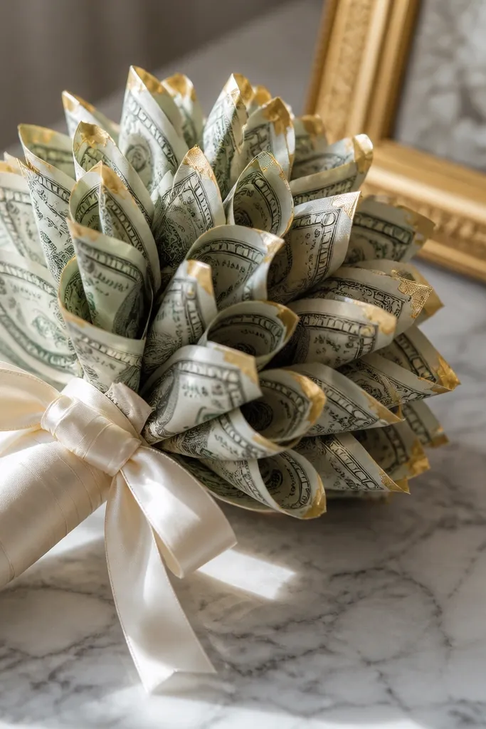 Money bouquet with gold foil accents on folded bill corners