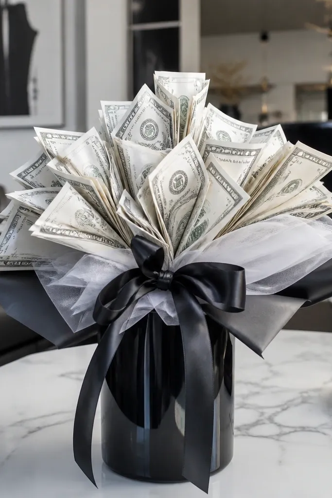 Black and white money bouquet with matte ribbon and clean shapes