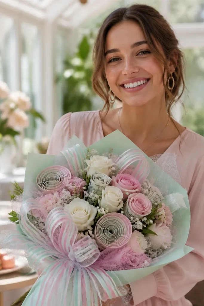 Pastel color themed bouquet with twisted spirals made from money