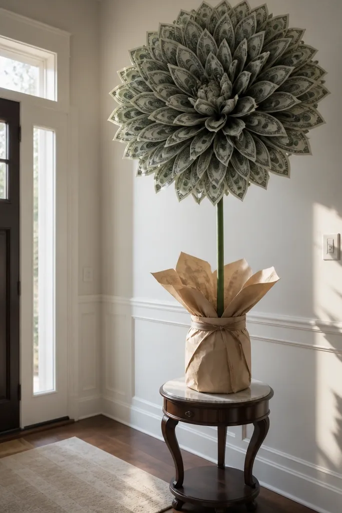 One large money bloom on a tall stem with ribbon wrap