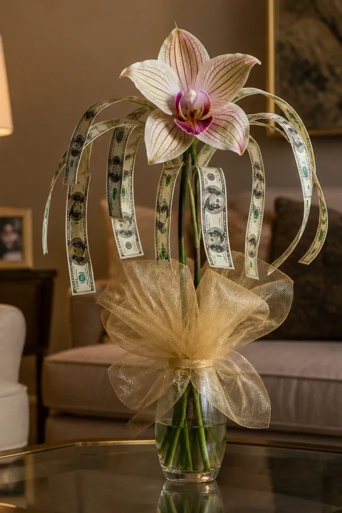 Orchid-shaped money bouquet with hanging bill strips and soft ribbon