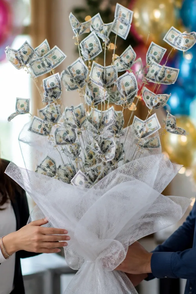 Money bouquet with confetti-like bill pieces popping upward
