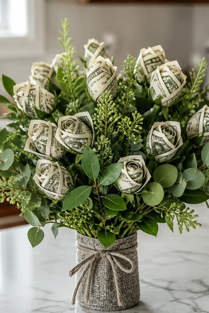 Rosebud bouquet with small money buds mixed with green foliage