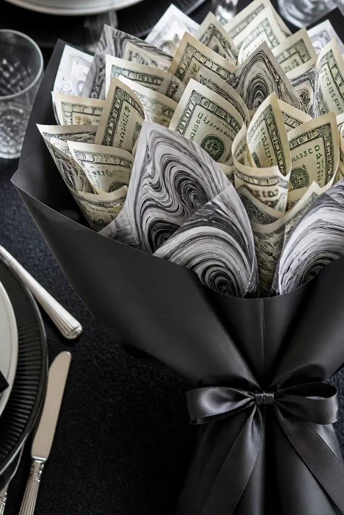 White and gray marble-look money bouquet with acrylic accents