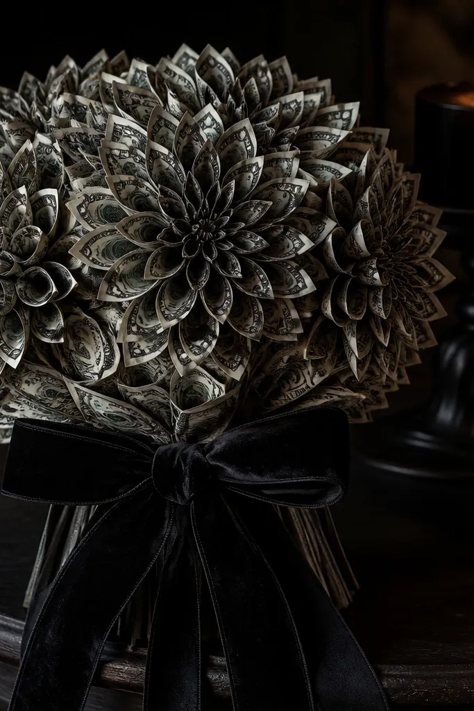 Black velvet ribbon money dahlia with layered folded bill petals