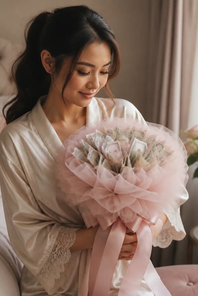 Blush and pink money bouquet with a soft tulle base