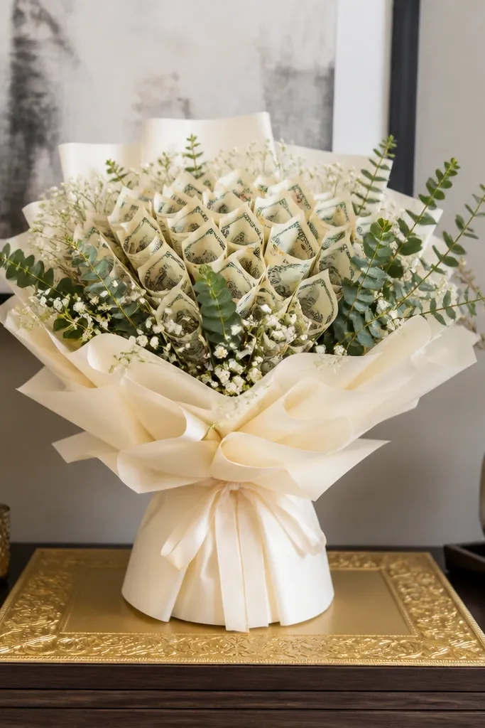 Money bouquet with gold-framed petal backing and ribbon accents