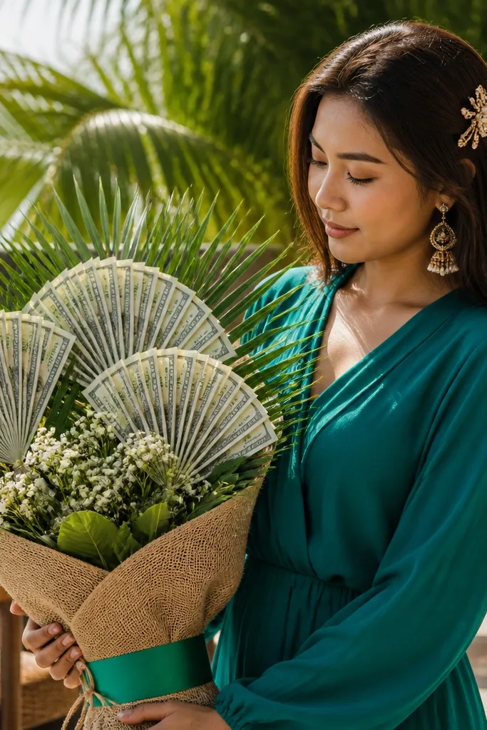 Palm-leaf shaped money bouquet with bright green accents
