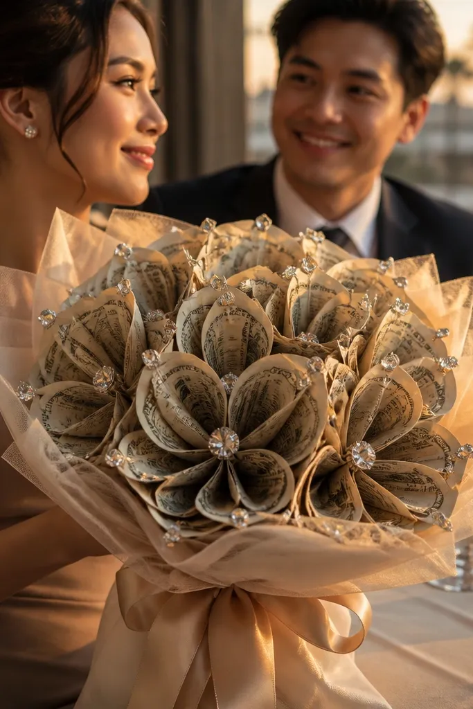 Champagne money bouquet with small rhinestone drops on petal edges