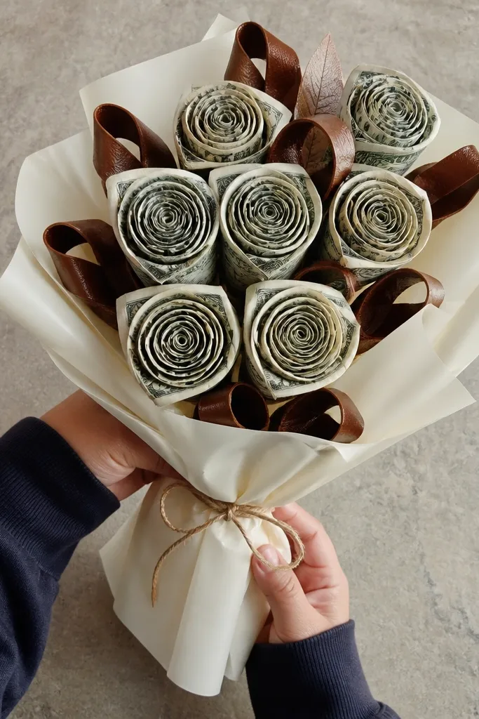 Twisted money spirals tied with small leather loops on a bouquet stem