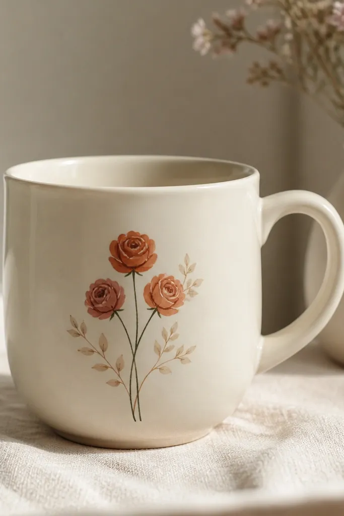 A cream-colored mug with three small roses painted in terracotta and muted coral. The stems are dark green but thin, and there are tiny beige leaves around the cluster.