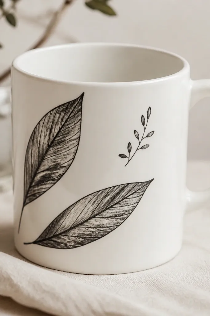 A white mug with two sweeping black leaves and one small sprig, drawn like ink. The leaves have visible mid-veins and thin vein lines, with lots of blank ceramic between shapes.