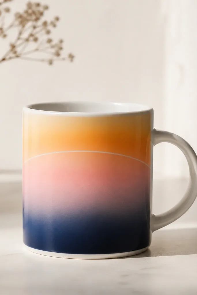 A white mug with a sunset arc: peach and blush fade into warm orange near the top, then smoothly transition to navy at the bottom. The gradient edges are smooth, and there's a thin white highlight line across the arc.