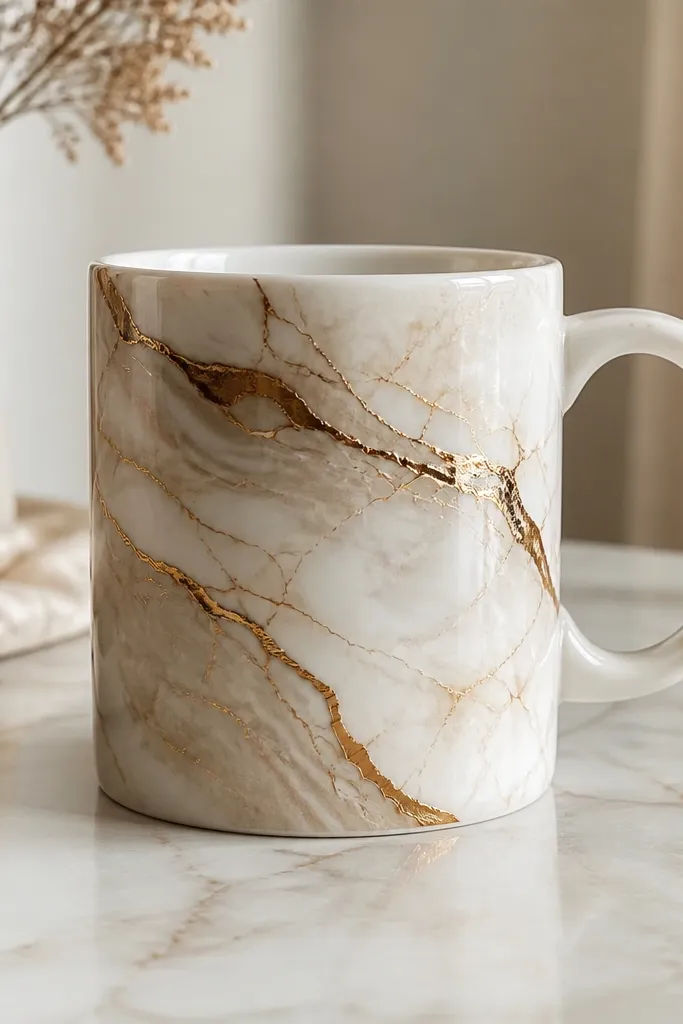 A white mug with a champagne-gold marble pattern. Wispy swirls run diagonally, with thin darker lines like stone veins and a soft marbled background.