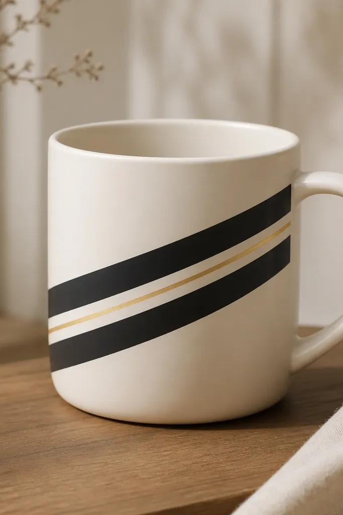 A cream mug with two diagonal black bands and one thin gold line between them. The edges are razor sharp, and the bands curve slightly with the mug.