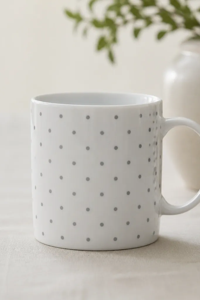 A white mug with evenly spaced pearl-gray dots arranged in a loose grid. The dots are small, consistent circles, and there's a slightly larger cluster near the handle side.