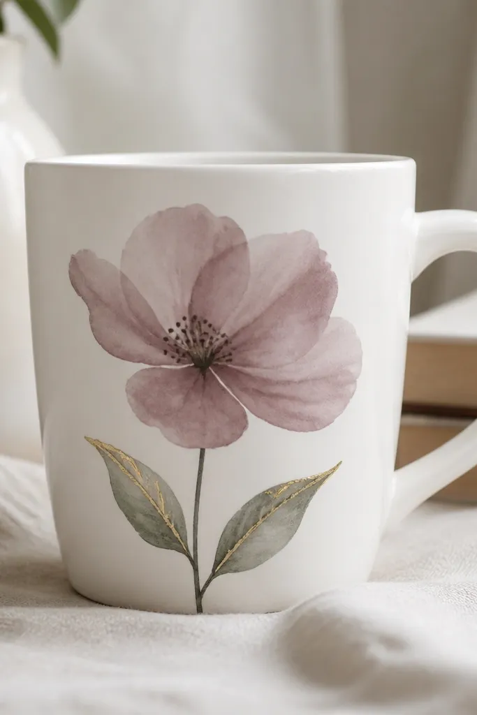 A white mug with one large flower painted in muted mauve. The top edges of two leaves have small gold leaf-like strokes, and there's a fine stem line in deep green.