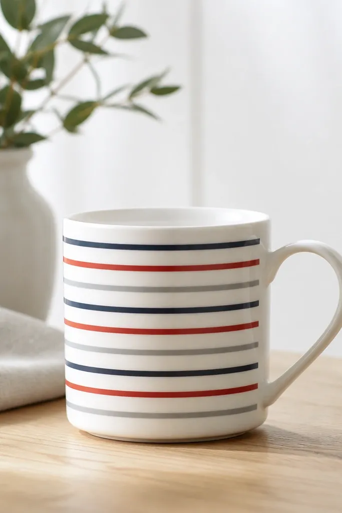 A white mug with narrow horizontal stripes: navy, muted red, and soft gray. The stripes are evenly spaced and separated by tiny gaps that show the white ceramic.
