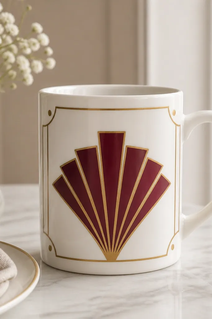 A white mug with an art deco fan shape near the center. Burgundy rays fan outward, and antique gold lines outline the geometry with small corner dots.