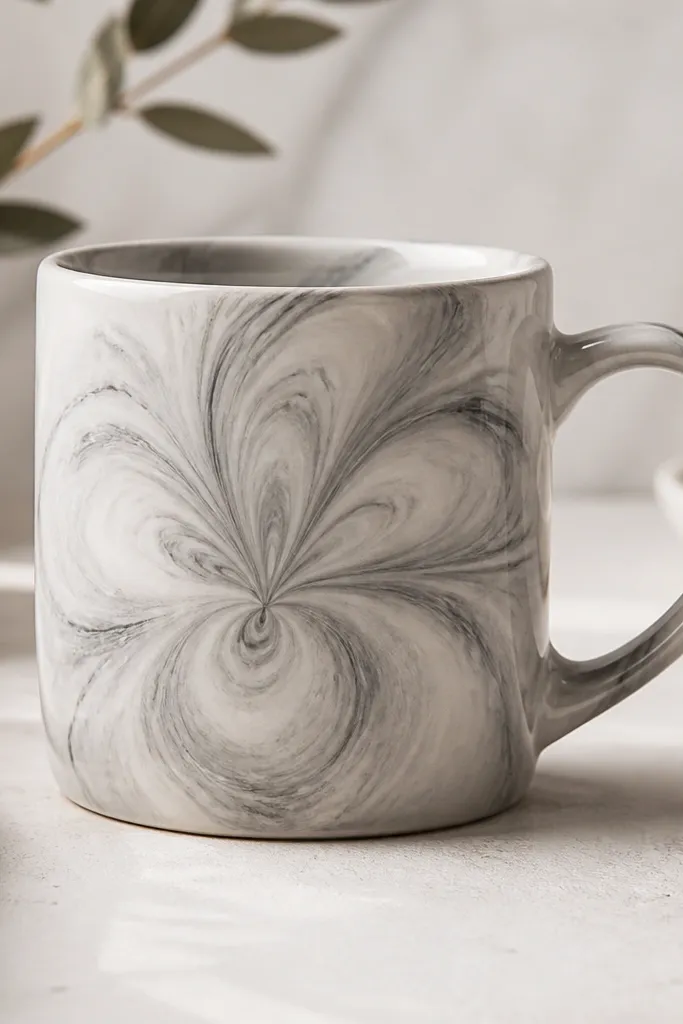A mug with soft gray marbling that forms a flower-like swirl. The background stays light, and darker gray veins curl into petal shapes.