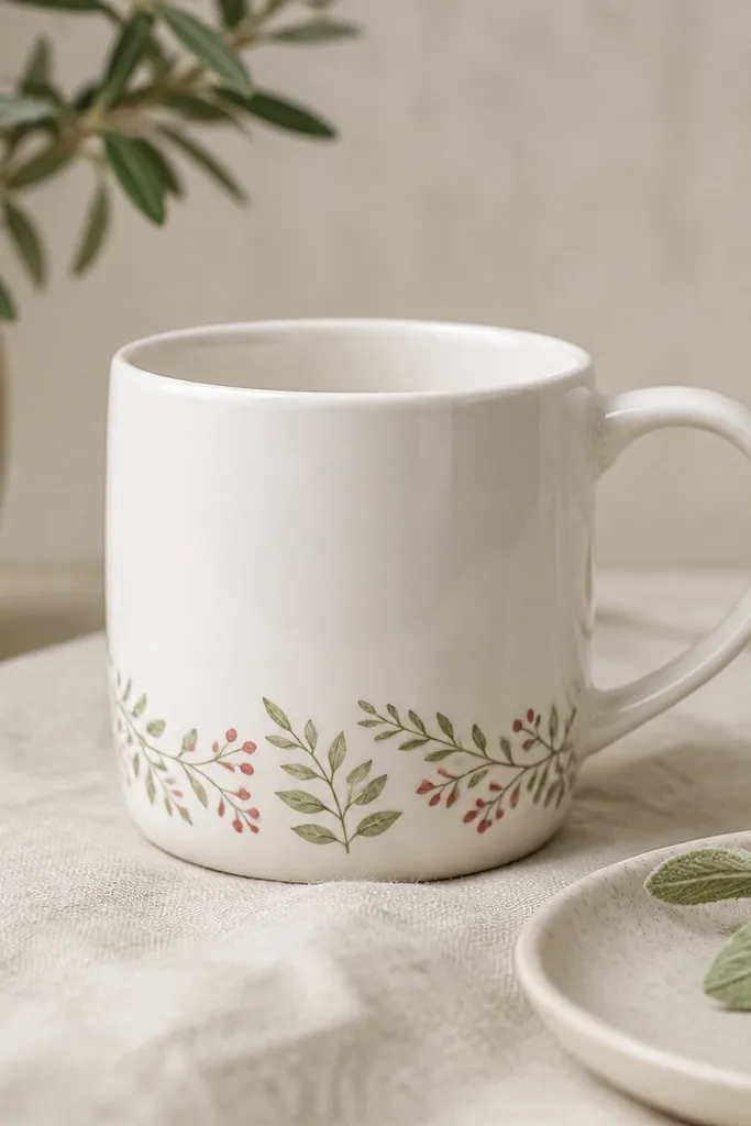 A white mug with a thin border near the bottom: small sage leaves and tiny berries in muted green and dusty rose. The border wraps around the mug evenly.