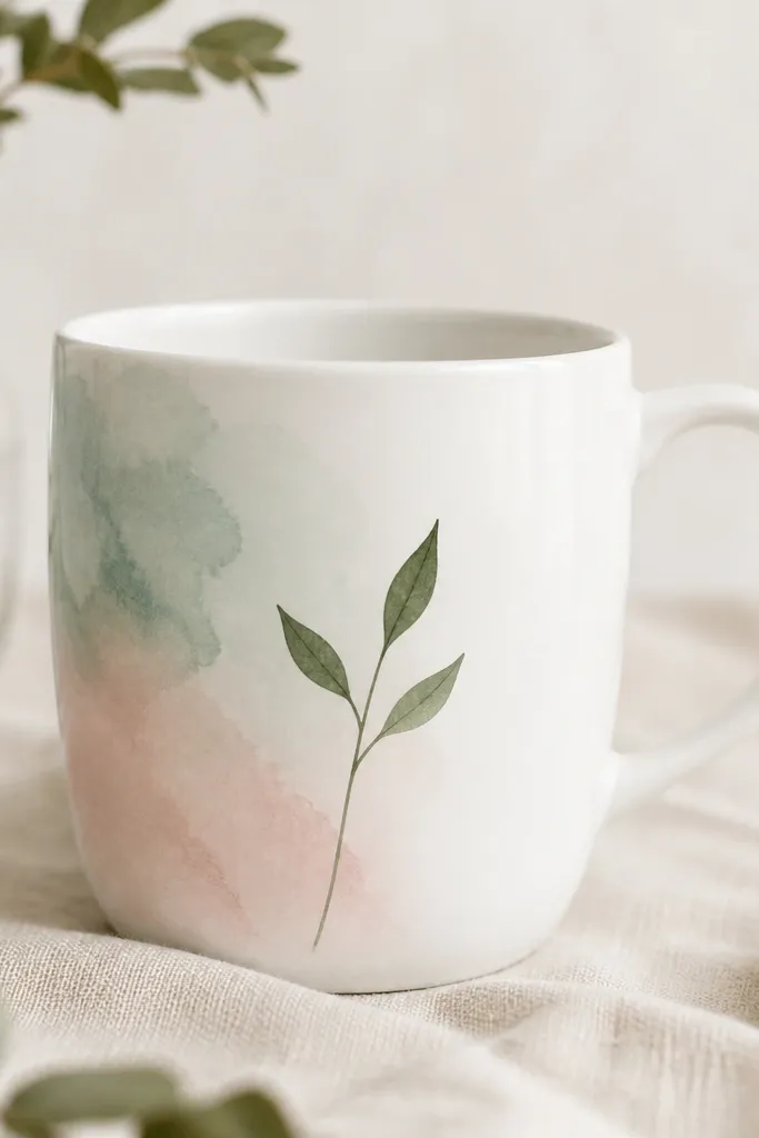 A white mug with a light watercolor wash in pale mint and blush on the left side. On top of the wash is a single deep green stem with three small leaves.