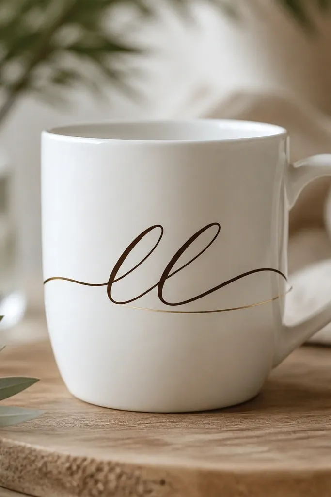 A white mug with elegant chocolate-brown cursive text across the center and a thin gold line under the baseline. The script has varying thickness like real ink.