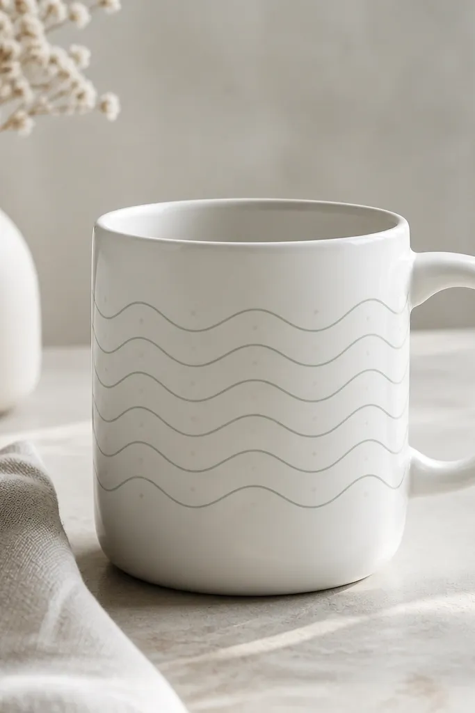 A white mug with repeating soft sage wave lines across the center. The waves are thin and evenly spaced, and there are two tiny off-white dots between wave peaks.