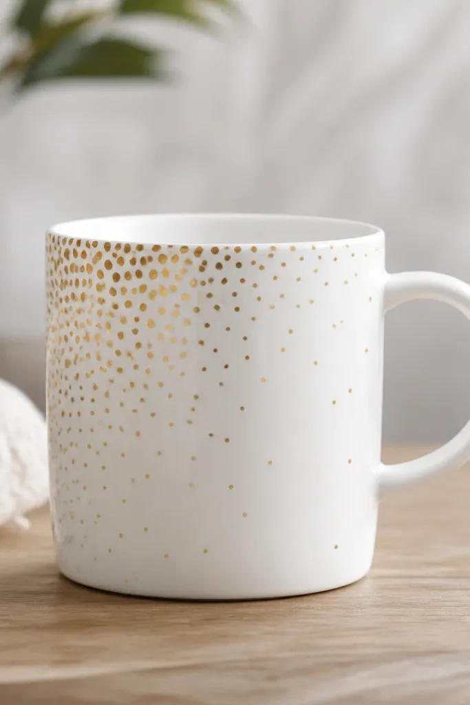 A white mug with gold dots that fade from dense in the upper left corner to sparse toward the lower right. There's no other design, just the dot fade.