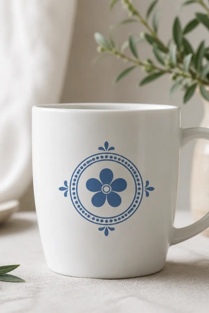 A white mug with a blue medallion on the center: a circular ring with small dots, then a daisy in the middle with five petals. The medallion has tiny blue accents around the edges.