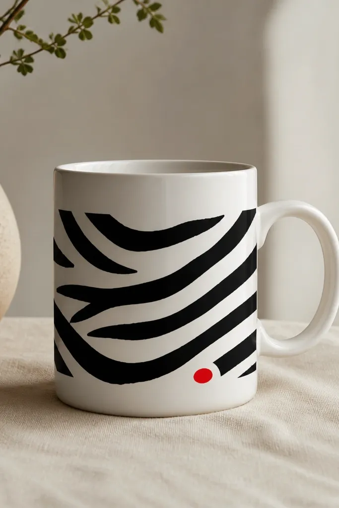 A white mug with black zebra-like stripes across the center. Near the bottom, there's one small red oval accent like a tag, and the rest stays monochrome.