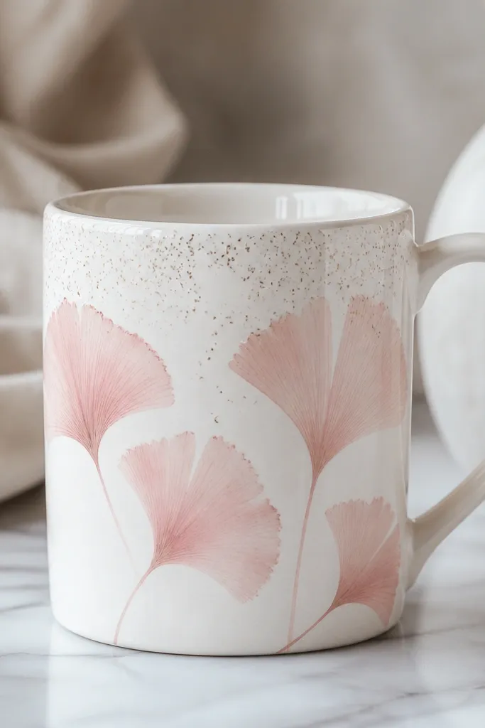 A white mug with fan-shaped leaves painted in soft pink and blush. Antique brass specks are scattered lightly around the leaves, concentrated near the top.