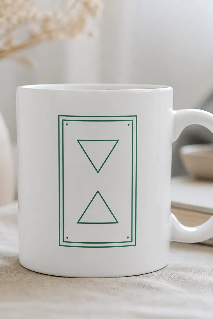 A white mug with a central emerald rectangular frame made of thin lines. Inside it are two smaller triangles and a few tiny white highlight dots near corners.