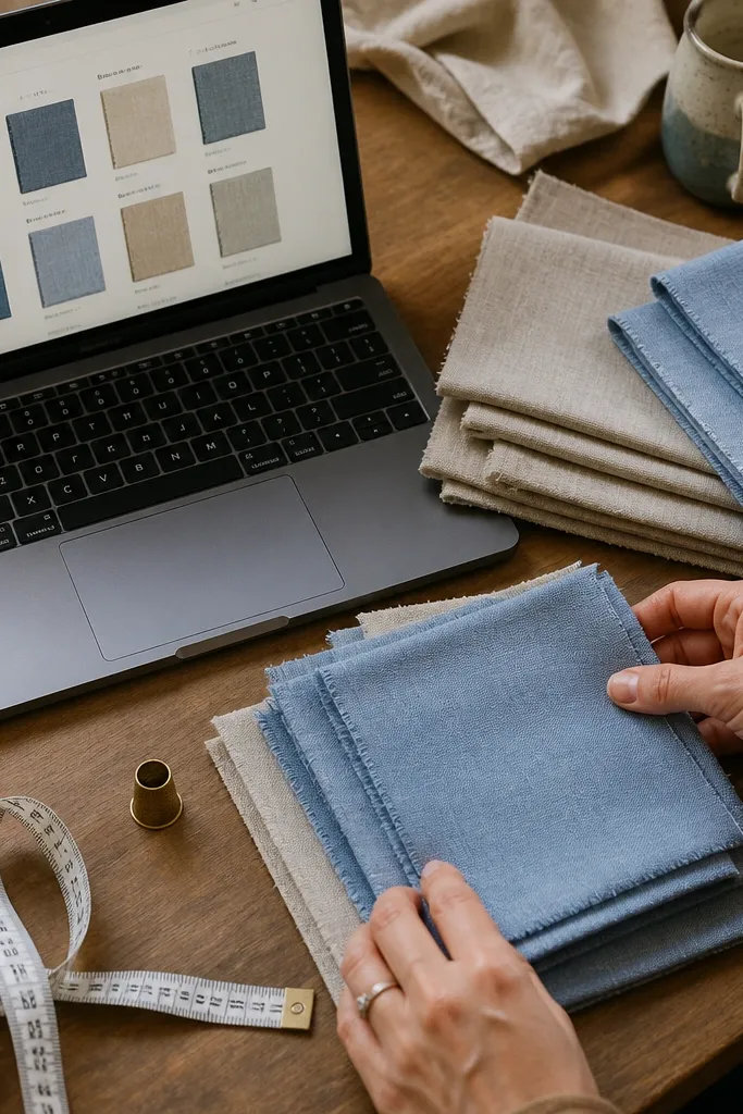 Fabric swatches arranged like folded samples with notes