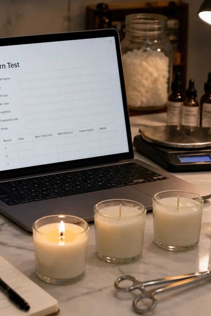 Lab-style notes cards with wick size, pour date, and test results