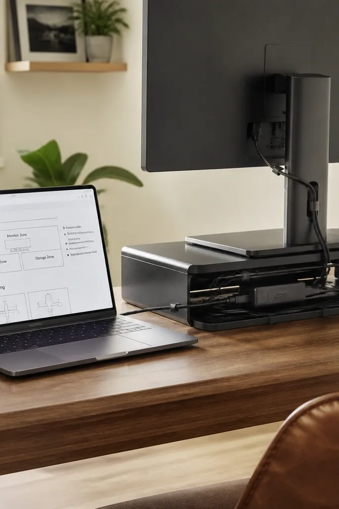 Desk setup plan with labeled zones and cable routing notes