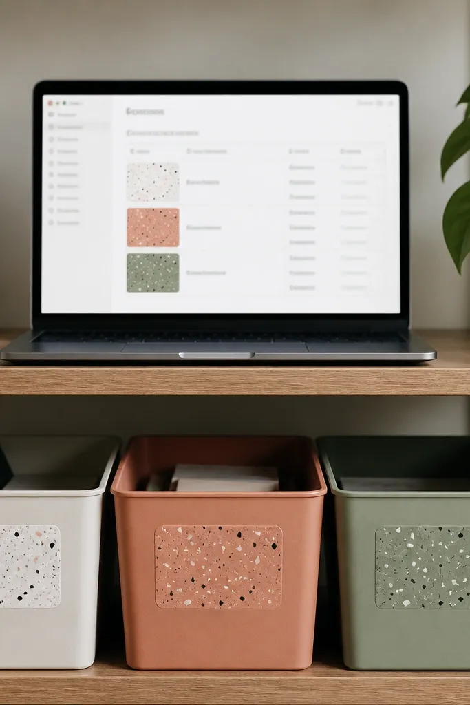 Label design board with colored label backgrounds and item names