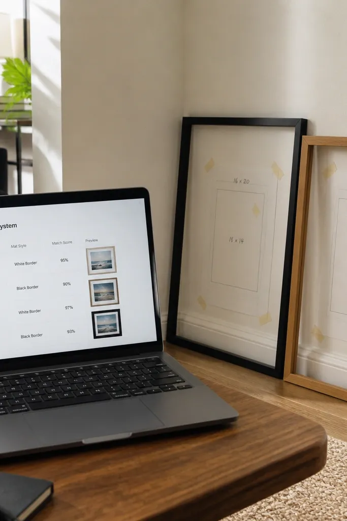 Wall art checklist with frame size fields and preview thumbnails