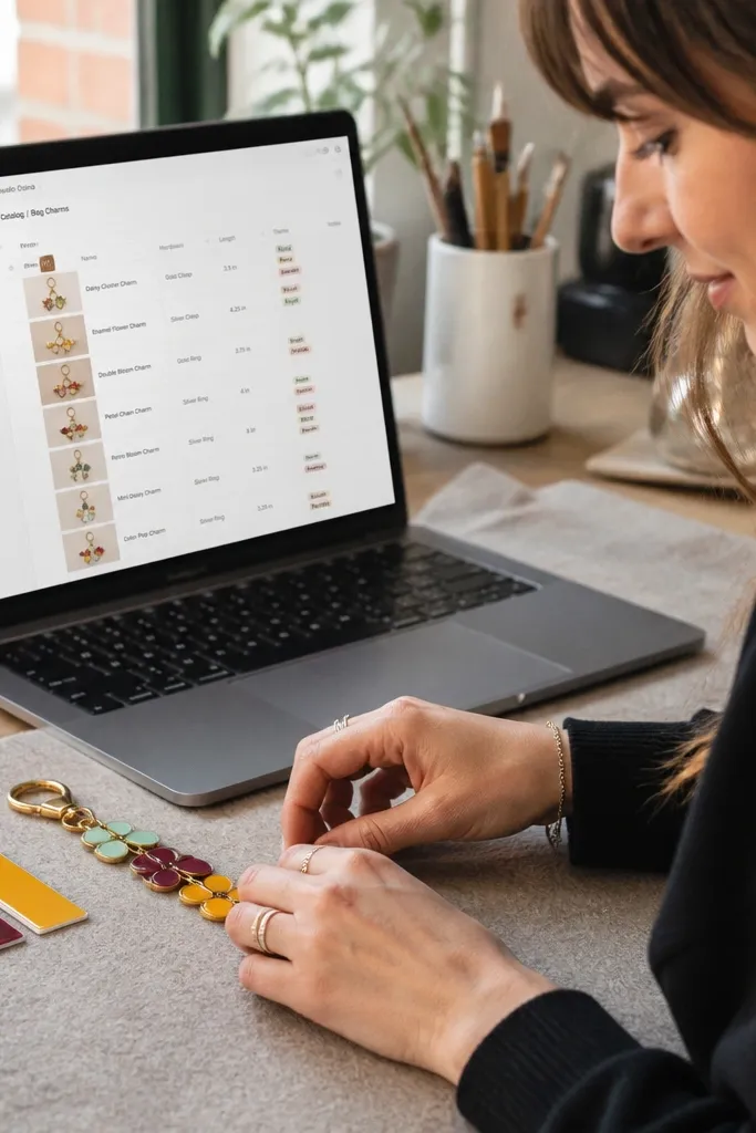 Catalog grid of charm designs with colorway tags and price fields
