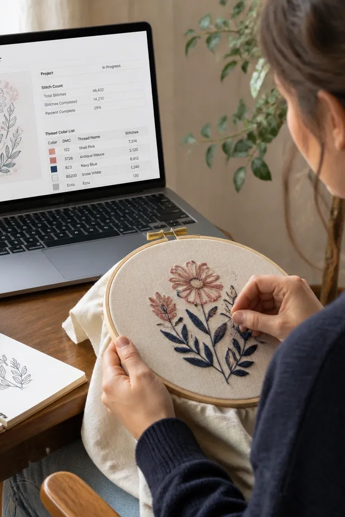 Embroidery tracker cards with stitch counts and thread color labels